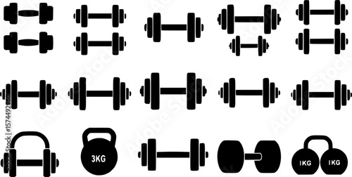 Collection of black dumbbell silhouettes isolated on white background fitness equipment
