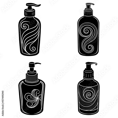 Illustration of four black and white pump bottles with decorative swirls and dispenser nozzles