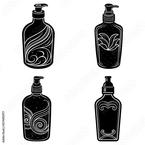 Four decorative lotion bottles with pump dispensers in black and white line art illustration style