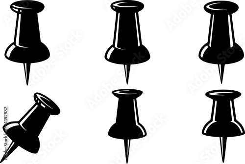 A collection of six black push pin vector silhouettes isolated on white
