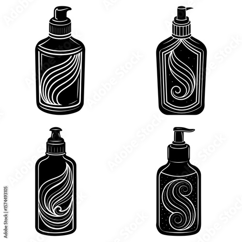 Four black and white cosmetic bottles with pumps and decorative swirl designs on the labels shown here