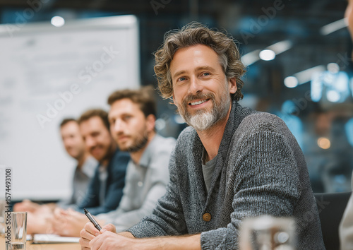 Group of business people in an office sitting around a table, discussing ideas. A man holds a pen and points at a blank whiteboard, promoting teamwork, planning, and strategy