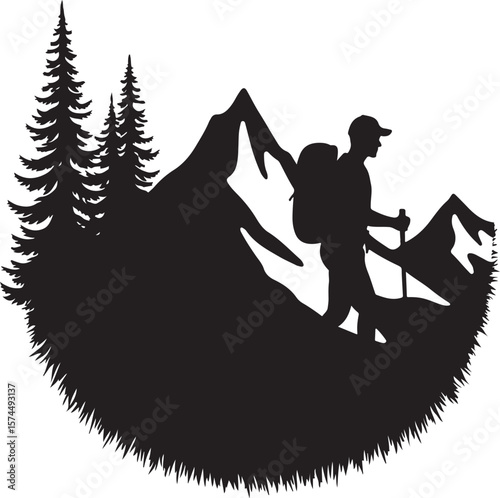 Nature Trekking Silhouette with Mountains and Trees.