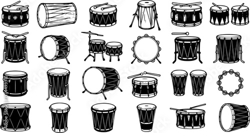 Collection of Black and White Drum Illustrations Representing Musical Instruments

