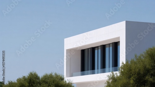 Modernist white cube abode under azure sky whispers minimalist elegance, invoking Dia de la Hispanidad architecture pride