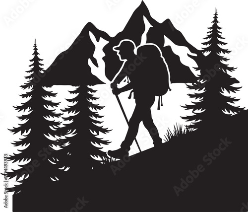 Nature Trekking Silhouette with Mountains and Trees.