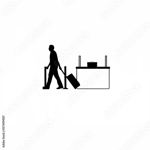 Silhouette of man pulling trolley near check-in counter on white background
