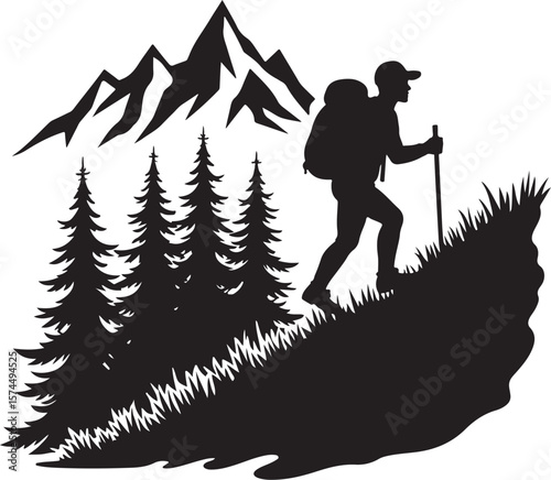 Nature Trekking Silhouette with Mountains and Trees.