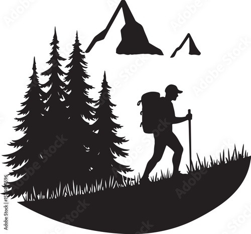 Nature Trekking Silhouette with Mountains and Trees.