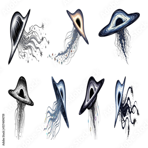 Black hole jellyfish vector set concept art, alien organism creatures sketches on a transparent background.