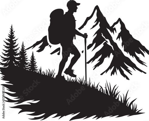 Nature Trekking Silhouette with Mountains and Trees.