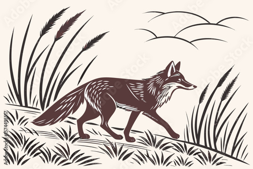 Linocut style fox walking through tall grass with sharp lines