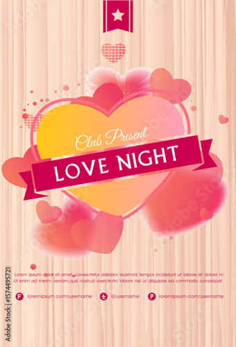 Romantic Love Night Event Poster with Heart Shapes, Ribbons, and Decorative Elements