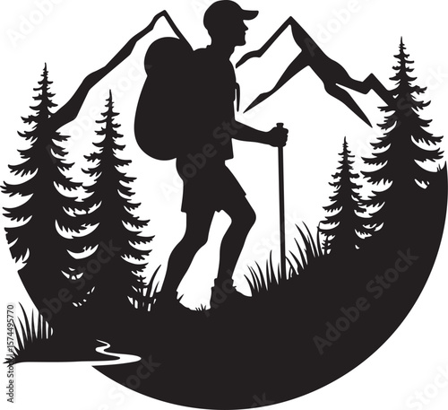 Nature Trekking Silhouette with Mountains and Trees.