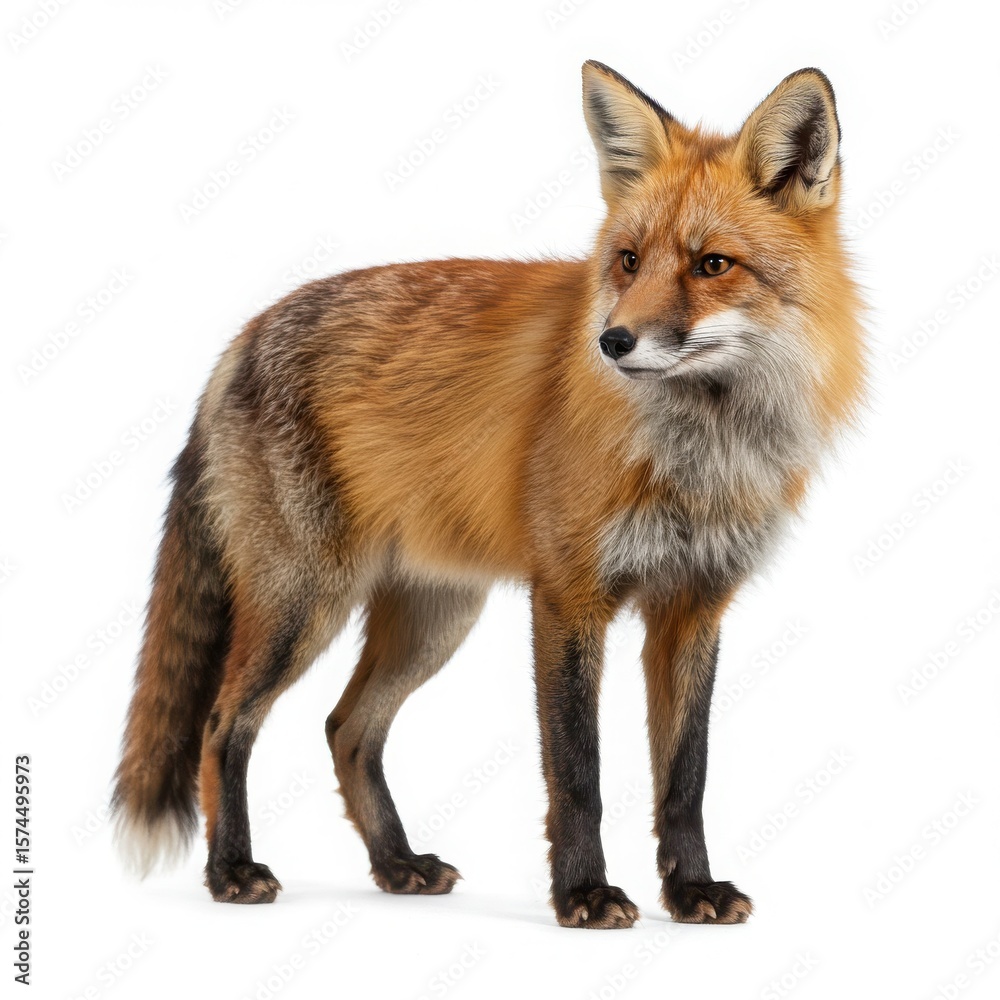 Fototapeta premium Full body studio portrait of a beautiful Red Fox (Vulpes vulpes) standing, isolated on a white background.