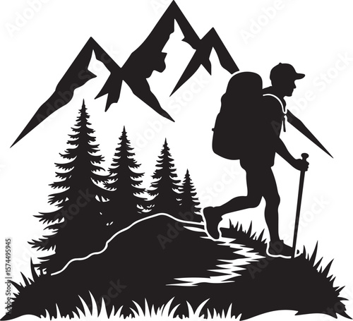 Nature Trekking Silhouette with Mountains and Trees.