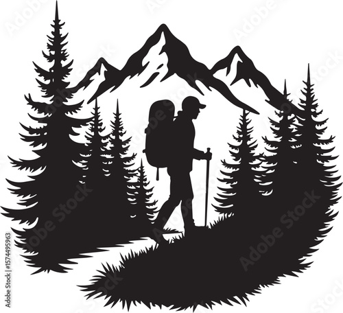 Nature Trekking Silhouette with Mountains and Trees.