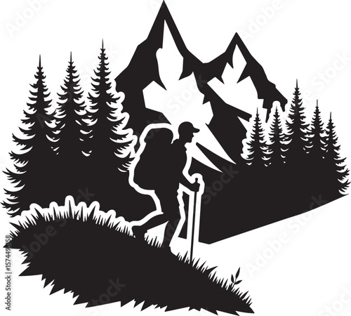 Nature Trekking Silhouette with Mountains and Trees.