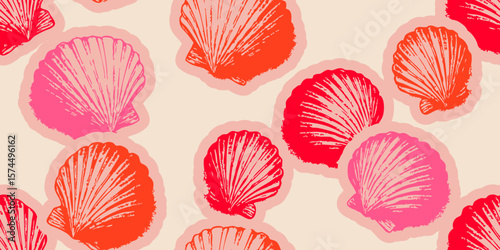 Seashells and Scribbles Seamless Pattern. Sea shell drawing. Seashell background.
