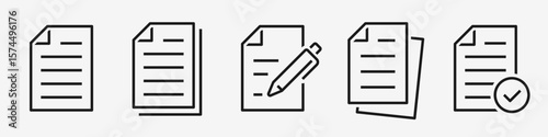Document icon set. Collection paper document on white background. File, checkmarks, note, clipboard, print, text, write, approved, pencil - stock vector.