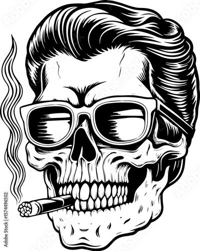 SVG of flaming skull characters in a bold dynamic style. Stylish Skull with Sunglasses and Cigarette in Vintage Style Design