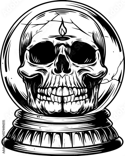 SVG of flaming skull characters in a bold dynamic style. Black and White Skull in Crystal Ball Design for Halloween Theme