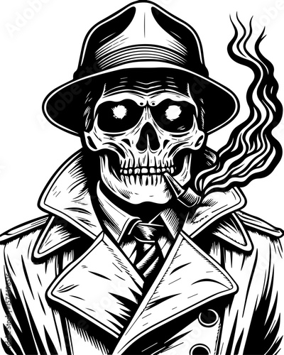SVG of flaming skull characters in a bold dynamic style. Mysterious Skull Character in Fedora and Trench Coat with Smoke