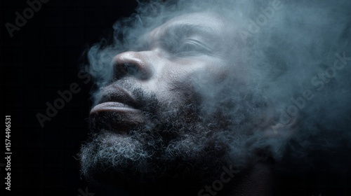 African male shrouded in ethereal smoke, contemplative aura, reminiscent of Samhain rituals and World Philosophy Day introspection