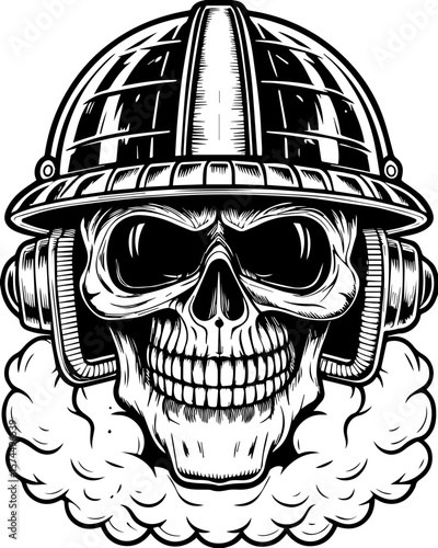 SVG of flaming skull characters in a bold dynamic style. Skull Wearing Vintage Helmet with Smoke and Detailed Design