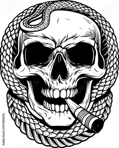 SVG of flaming skull characters in a bold dynamic style. Detailed Skull Design with Snake and Rope Motif for Artwork