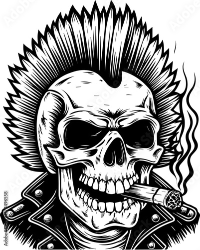 SVG of flaming skull characters in a bold dynamic style. Edgy Skull with Mohawk and Cigar in Black and White Illustration