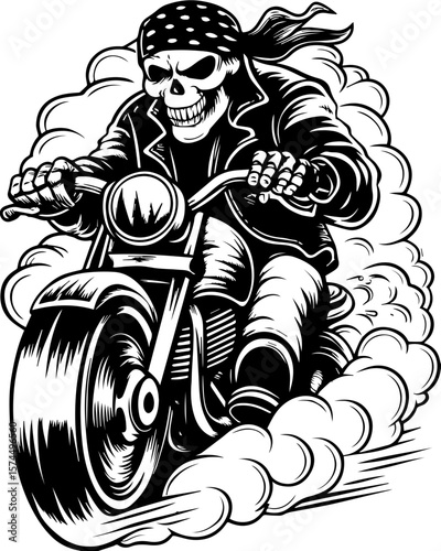 SVG of flaming skull characters in a bold dynamic style. Skull Biker Riding Motorcycle with Bandana and Smoke Effects