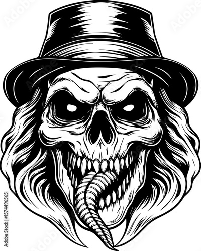 SVG of flaming skull characters in a bold dynamic style. Sinister Skull with Hat and Serpent Tongue for Illustrations