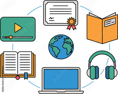 Illustration of online learning resources including laptop and open books