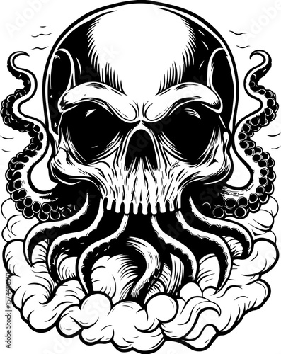 SVG of flaming skull characters in a bold dynamic style. Black and White Skull with Octopus Tentacles and Cloud Design