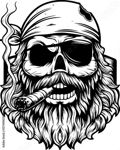 SVG of flaming skull characters in a bold dynamic style. Bold Skull Pirate with Bandana and Cigar in Monochrome Design