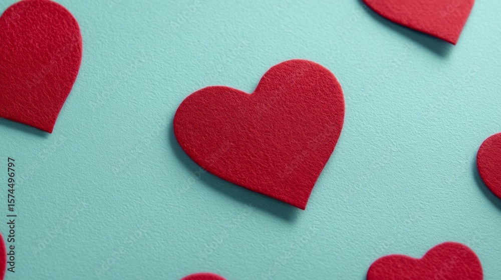 Obraz premium Red felt hearts on blue backdrop, evoking whimsical Valentine's Day magic, love confetti for Singles Awareness, quirky romance