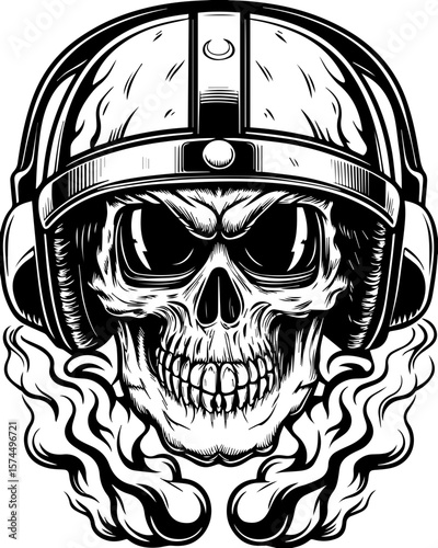 SVG of flaming skull characters in a bold dynamic style. Vintage Style Skull with Helmet and Headphones in Monochrome Design