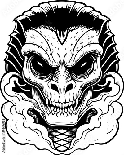 SVG of flaming skull characters in a bold dynamic style. Monochrome Skull with Intricate Details and Sinister Expression
