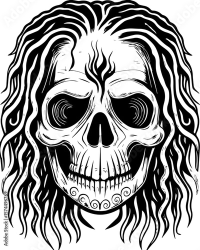 SVG of flaming skull characters in a bold dynamic style. Intricate Black and White Skull Illustration with Flowing Hair Design