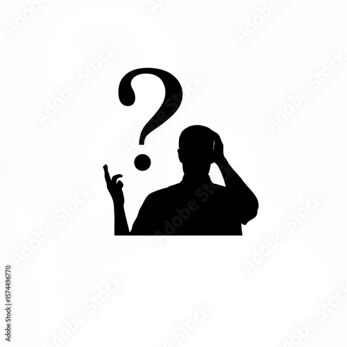 Silhouette of man raising one eyebrow in questioning pose on white background