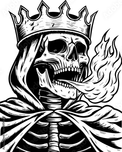 SVG of flaming skull characters in a bold dynamic style. Skull King with Crown and Flames in Black and White Illustration