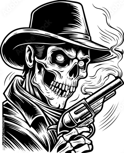 SVG of flaming skull characters in a bold dynamic style. Mysterious Skull Cowboy Holding Revolver with Smoke Rising
