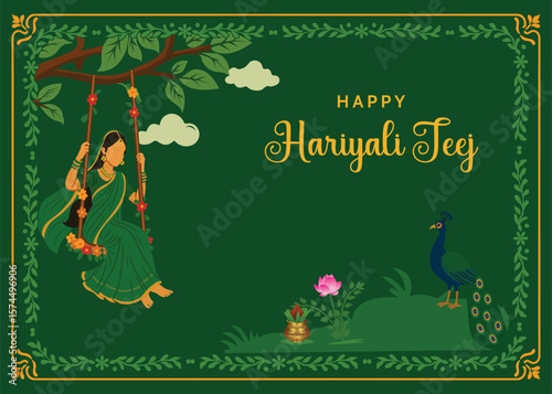 Happy Hariyali Teej Festival Poster, banner, greeting card Design with  festive beautifully adorned decorated swing and diya lamps with intricate floral decorations.