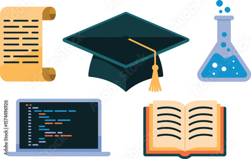 Illustration of graduation cap, book, laptop, scroll, and science flask on white