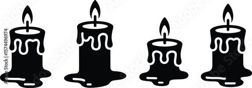 Four black silhouette candles with dripping wax and flames