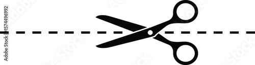 Black scissors cutting a dashed line