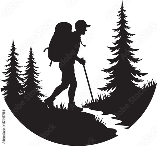 Nature Trekking Silhouette with Mountains and Trees.