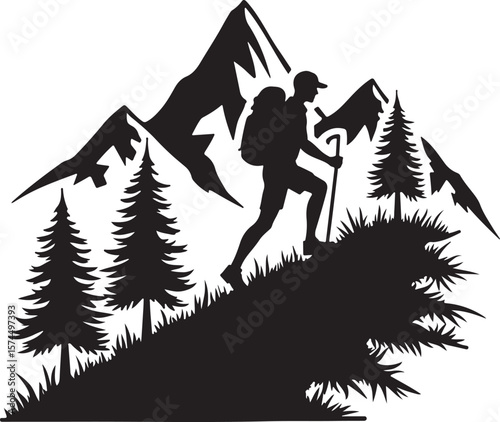 Nature Trekking Silhouette with Mountains and Trees.