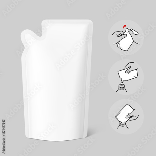 Pouch bag with torn curve corner. Vector illustration isolated on grey background. Perfect for final pack shot. Can be use for refilling soap, liquids. The corner is easy to tear off by hand. EPS10.